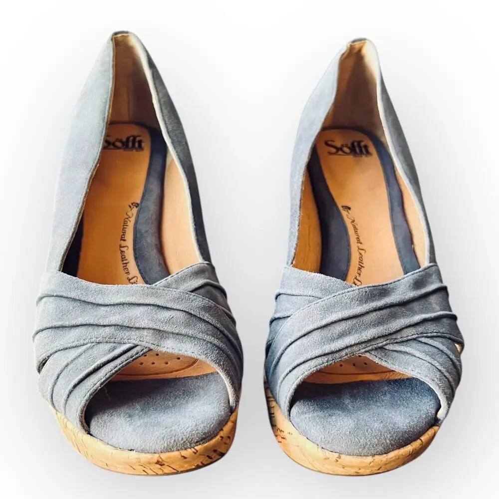 Sofft Olwen Women's Iris Blue Suede Open Toe Cork Platform Wedge Sandal Size 11M